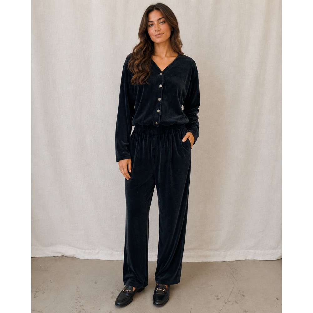 Lizsport Cotton Blend Solid Black Velour Jumpsuit Size Medium Vintage 90s